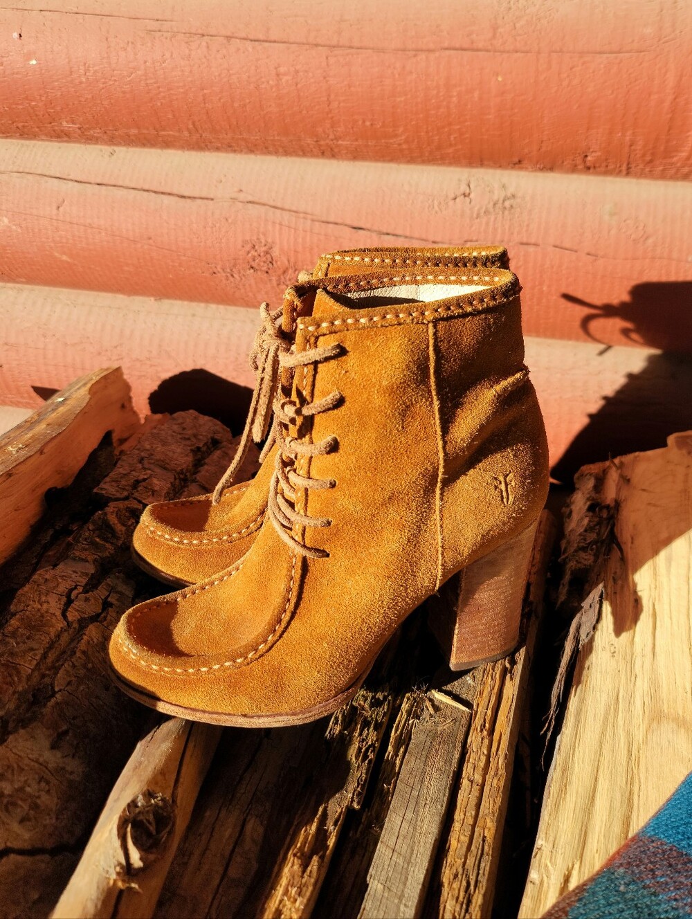 Frye Women's Suede Lace-Up Block Heel Ankle Boots - Tan Rust (Size 8.5)